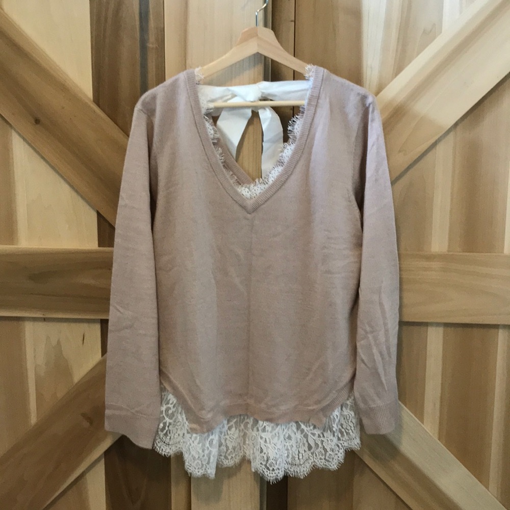 NWT H&M lace trim sweater dusty rose tie back